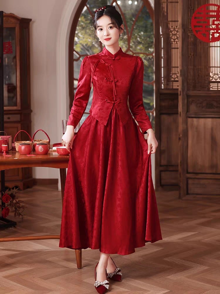 Generic Chinese Style Toasting Dress New Style Bride'S Vertical Collar Long  Sleeve Slimming Back Door Dress Red Engagement Dress Women'S Cheongsam  Xiuhe Dress | Best Price UAE | Dubai, Abu Dhabi