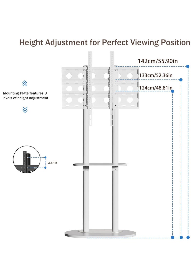 White Floor TV Stand Universal TV Stand Height Adjustment TV Mount Stand Floor TV Table Monitor Display TV Mount with Tray Shelf for 40-75 Inch Max VESA 600×400mm Holds up to 40 KG