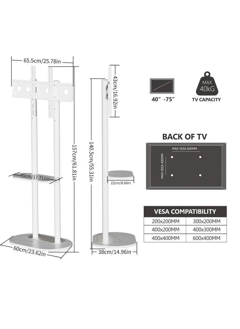 White Floor TV Stand Universal TV Stand Height Adjustment TV Mount Stand Floor TV Table Monitor Display TV Mount with Tray Shelf for 40-75 Inch Max VESA 600×400mm Holds up to 40 KG
