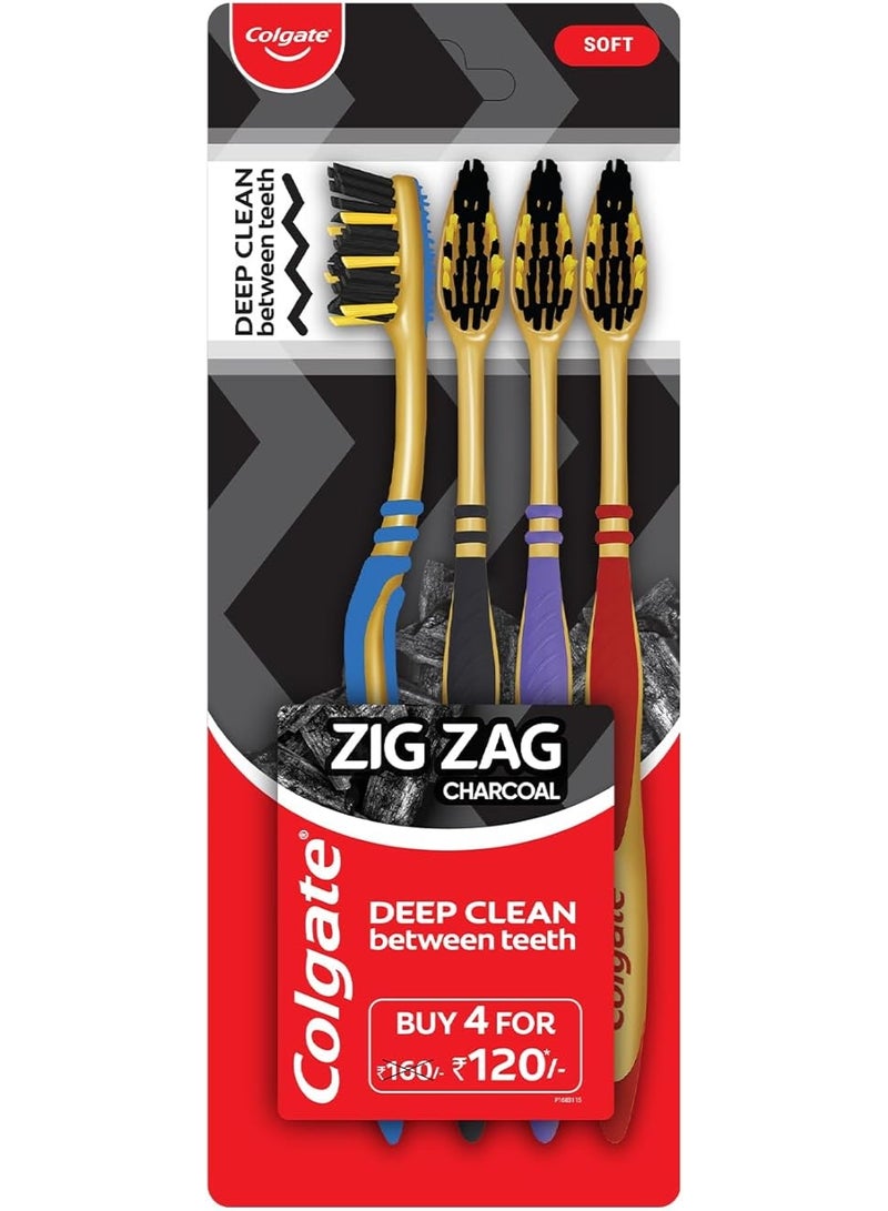 Colgate ZigZag Charcoal Soft Bristle Manual Toothbrush for adults - 4 Pcs, Removes Germs in Between Teeth, Soft-tongue cleaner, Antibacterial bristles - Image 1