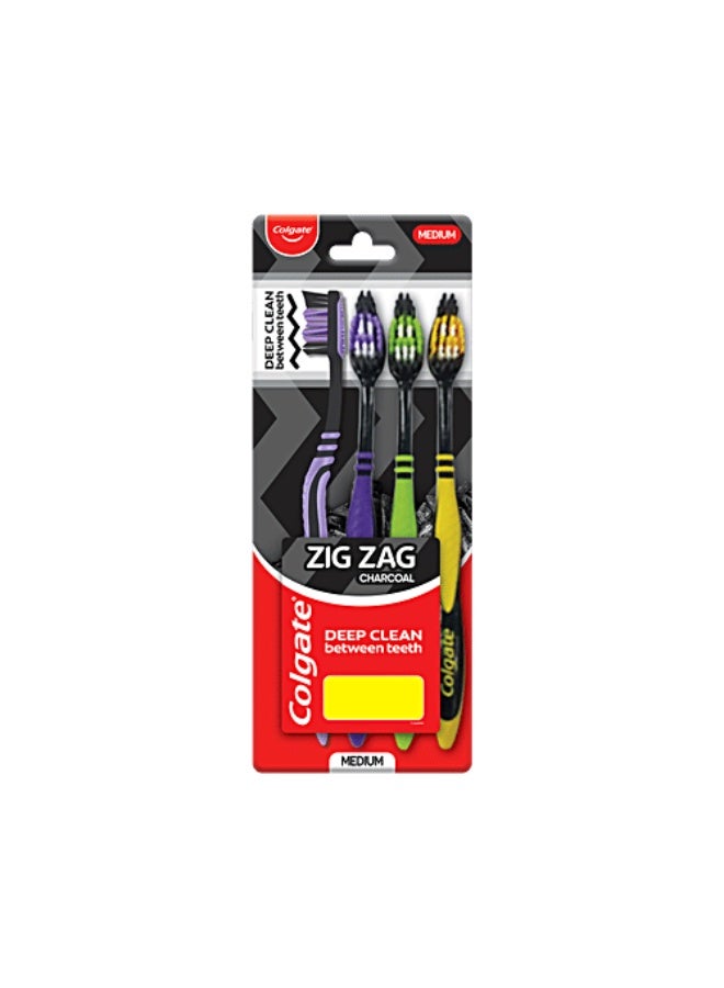 Colgate ZigZag Charcoal Soft Bristle Manual Toothbrush for adults - 4 Pcs, Removes Germs in Between Teeth, Soft-tongue cleaner, Antibacterial bristles - Image 1