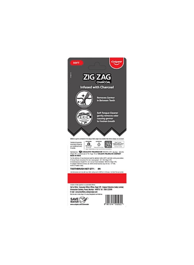 Colgate ZigZag Charcoal Soft Bristle Manual Toothbrush for adults - 4 Pcs, Removes Germs in Between Teeth, Soft-tongue cleaner, Antibacterial bristles - Image 2