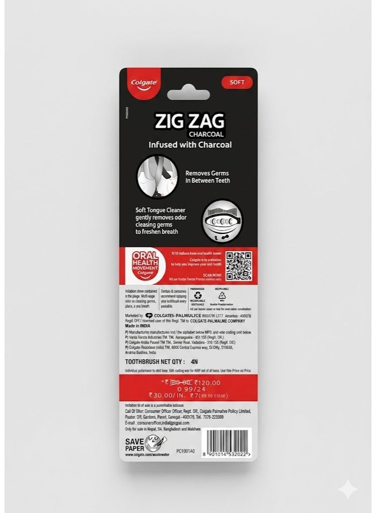 Colgate ZigZag Charcoal Soft Bristle Manual Toothbrush for adults - 4 Pcs, Removes Germs in Between Teeth, Soft-tongue cleaner, Antibacterial bristles - Image 2