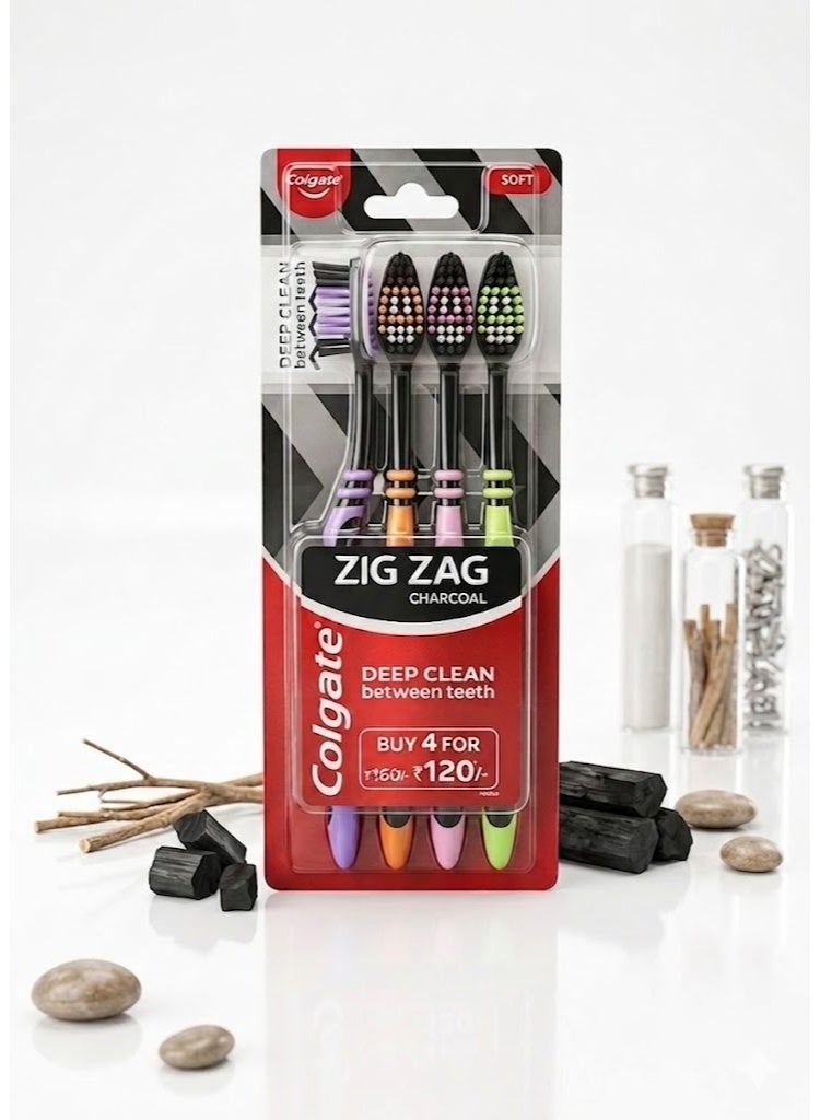 Colgate ZigZag Charcoal Soft Bristle Manual Toothbrush for adults - 4 Pcs, Removes Germs in Between Teeth, Soft-tongue cleaner, Antibacterial bristles - Image 1