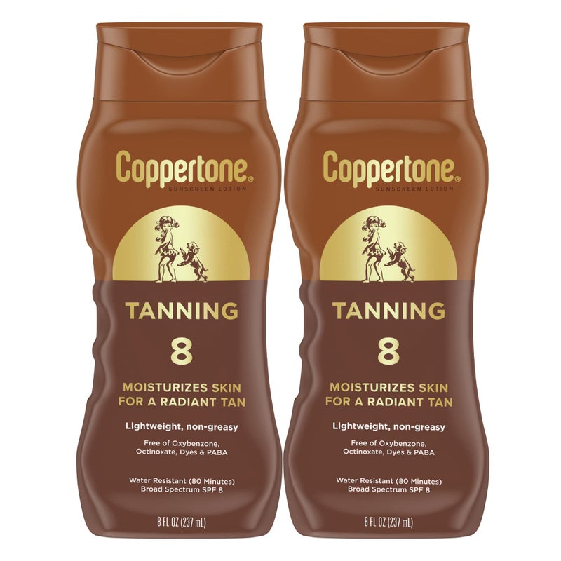 Coppertone Sunscreen Tanning Lotion SPF 8, Lightweight and Non Greasy Sunscreen, Water Resistant, Oxybenzone Free, Sun Tan Lotion Moisturizes Skin for a Radiant Tan, 8 Fl Oz Bottle, Pack of 2 - Image 1