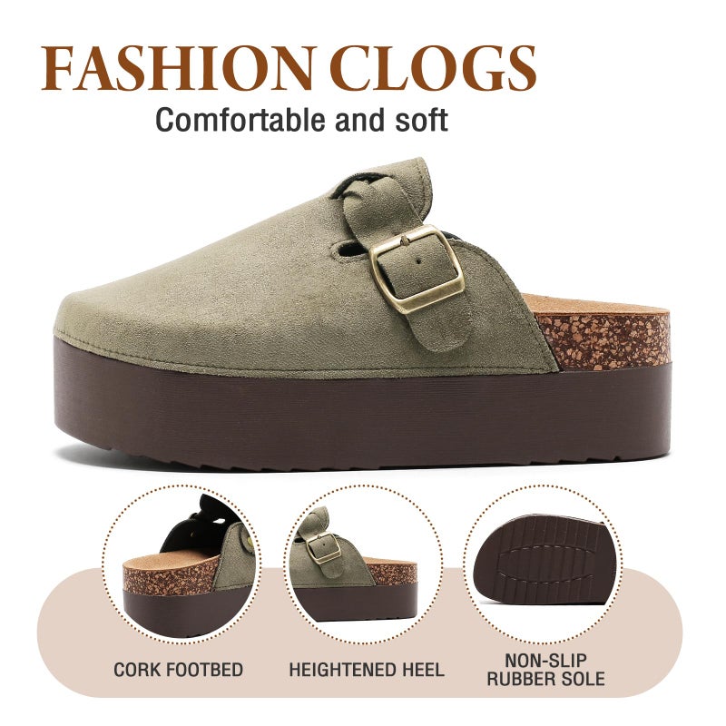 DDXYYDS Suede Platform Clogs Women, Closed Toe Slippers Slides Sandals, Potato Shoes with Adjustable Buckle, Non Slip On Mules Green - Image 4