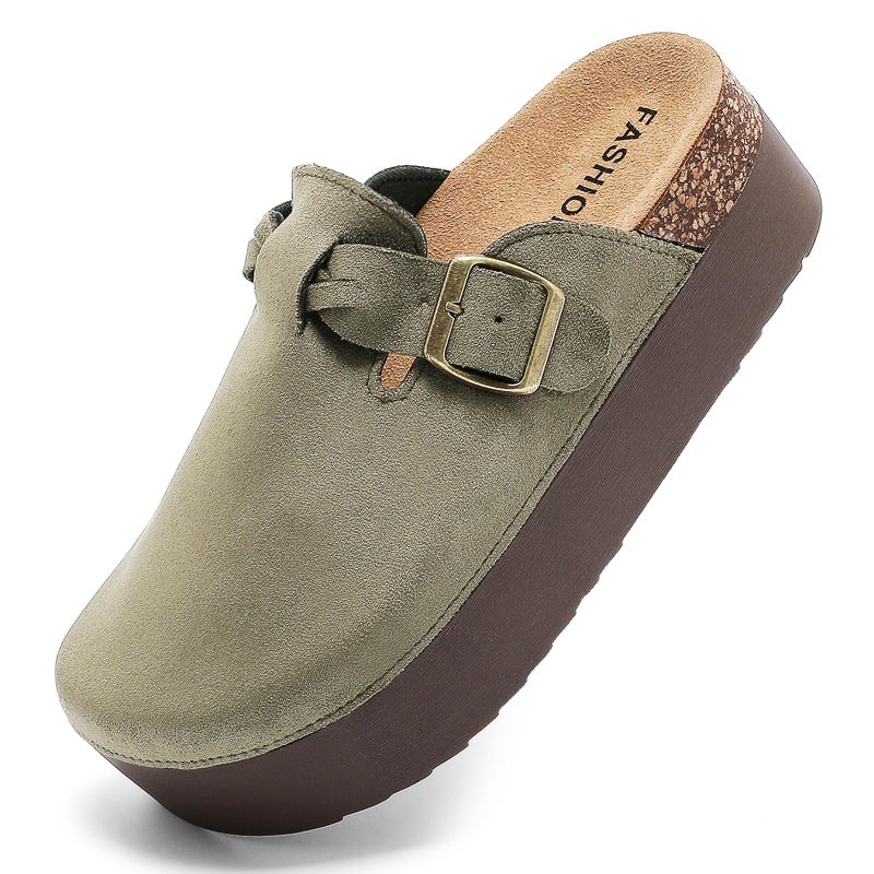 DDXYYDS Suede Platform Clogs Women, Closed Toe Slippers Slides Sandals, Potato Shoes with Adjustable Buckle, Non Slip On Mules Green - Image 1