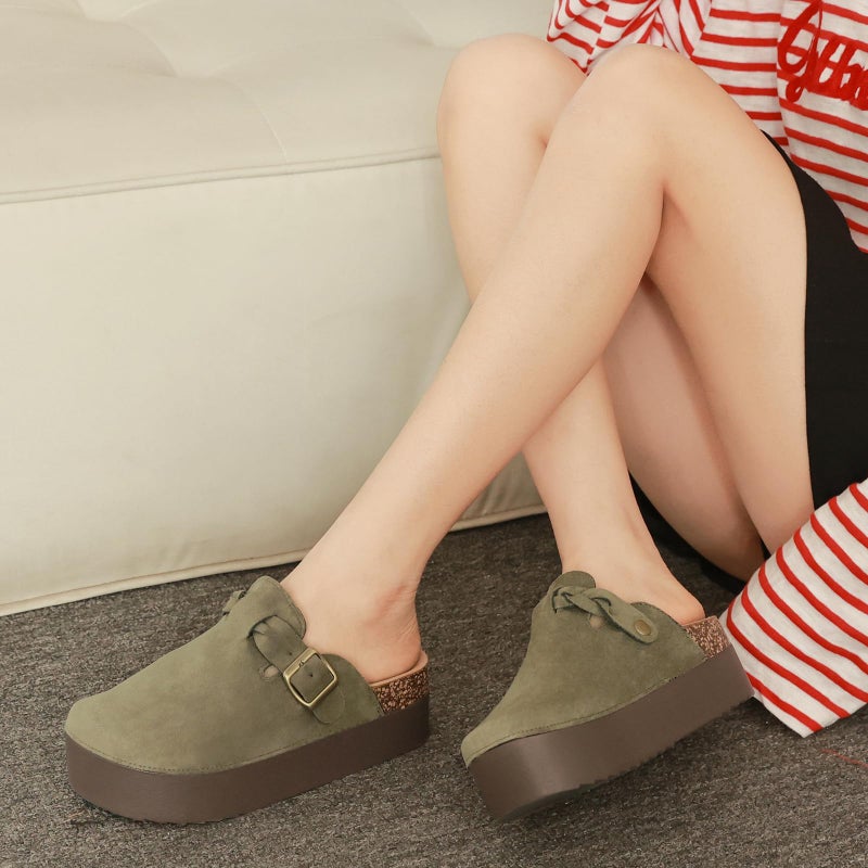 DDXYYDS Suede Platform Clogs Women, Closed Toe Slippers Slides Sandals, Potato Shoes with Adjustable Buckle, Non Slip On Mules Green - Image 3