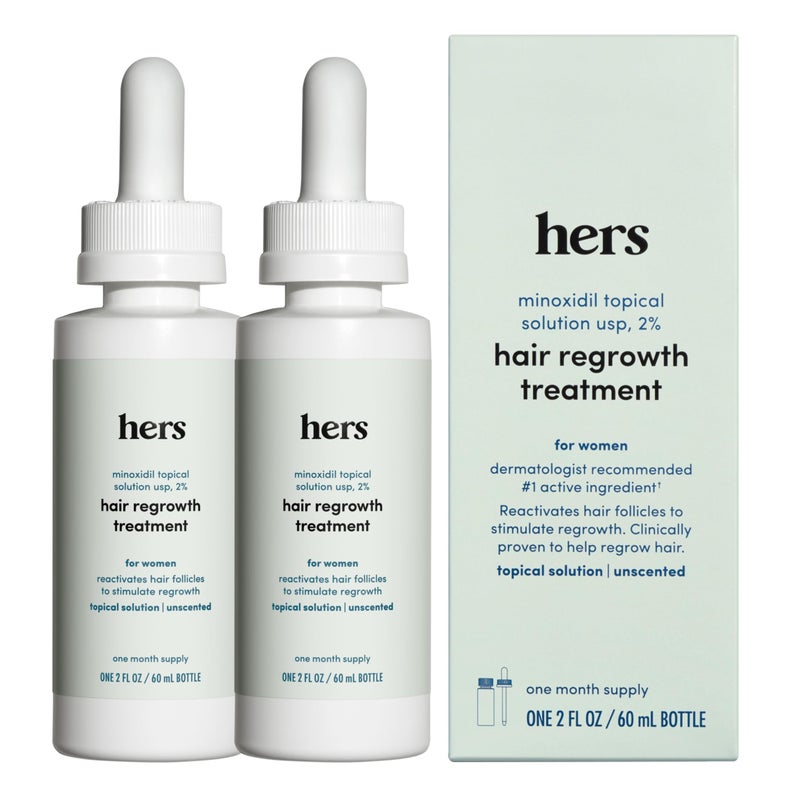 hers Hair Regrowth Treatment - Topical Minoxidil 2% Solution for Women - Supports Thicker, Fuller Hair - Non-Greasy - Unscented, 2 Pack - Image 1