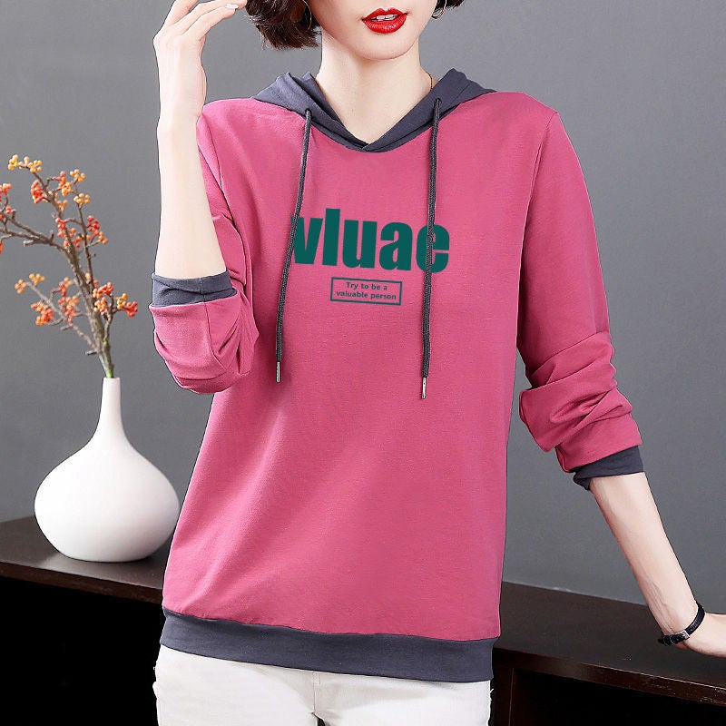 100% Pure Cotton Long-Sleeve T-Shirt For Women, Plus Size Women'S Clothing, 2024 Loose Hooded Versatile Top, Trendy Korean Style New Model - Image 1