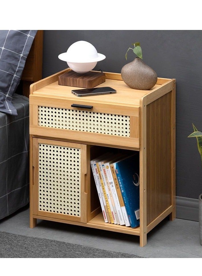 MIXDE boho Wood Bamboo Bedside Table,Sofa Table, Coffee Table with Drawer Storage, Open Shelf for Bedroom Living Room Office - Image 1