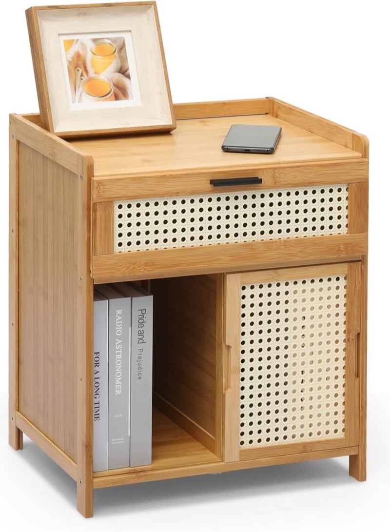 MIXDE boho Wood Bamboo Bedside Table,Sofa Table, Coffee Table with Drawer Storage, Open Shelf for Bedroom Living Room Office - Image 2
