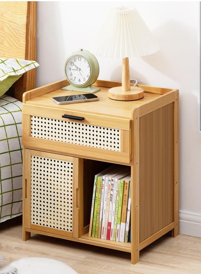 MIXDE boho Wood Bamboo Bedside Table,Sofa Table, Coffee Table with Drawer Storage, Open Shelf for Bedroom Living Room Office - Image 3