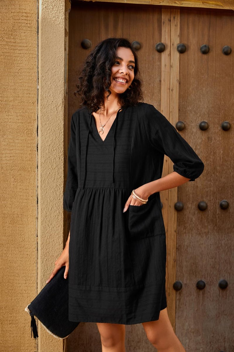 Lafural Womens V Neck Cotton Casual Loose Shift Tunic Smock Summer Dresses Vacation Dress 3/4 Sleeve Pocket Black L - Image 4