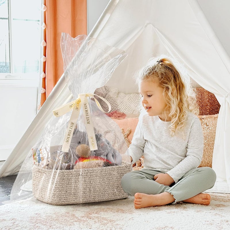 Goodpick Storage Baskets 13 x 8 x 5 in Closet Shelf Organizers for Gifts Empty Baskets for Shelves Dog Toy Basket Woven Baskets for Storage for Towels for Organizing 3 Pack White  Brown - Image 5