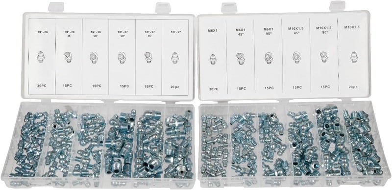 J&R Quality Tools SAE & MM Hydraulic Grease Fitting Kit, 220 Piece Straight and Angled | 1/4", 1/8"