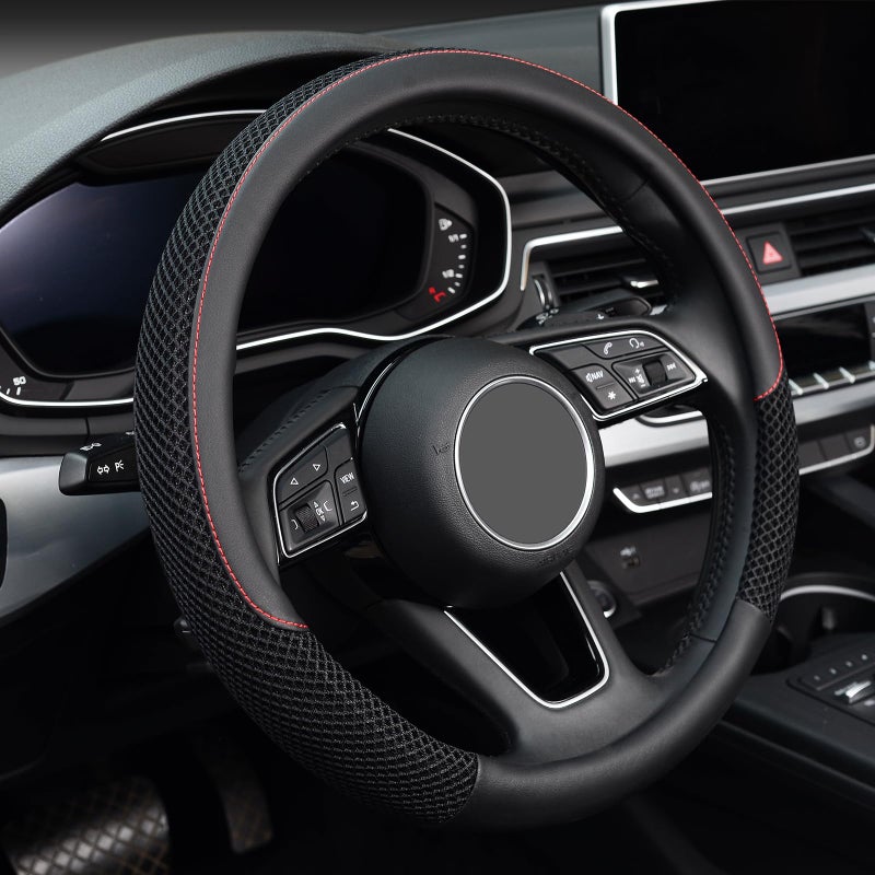 KAFEEK Steering Wheel Cover, Universal 15 inch, Microfiber Leather Viscose, Breathable, Anti-Slip,Warm in Winter and Cool in Summer, Black - Image 1