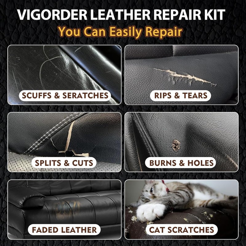 Vigorder Black Leather Repair Kit Car Interior, Vinyl Repair Kit for Furniture, Sofa, Jacket, Purse – Super Easy Instructions to Fix Scratches, Tears, Holes, and Peeling - Image 2