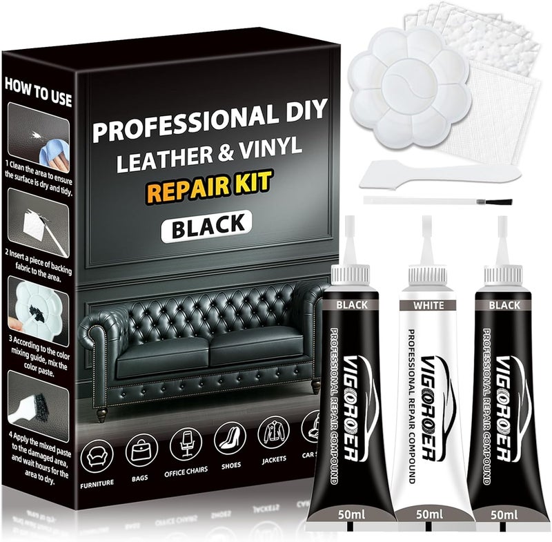 Vigorder Black Leather Repair Kit Car Interior, Vinyl Repair Kit for Furniture, Sofa, Jacket, Purse – Super Easy Instructions to Fix Scratches, Tears, Holes, and Peeling - Image 1