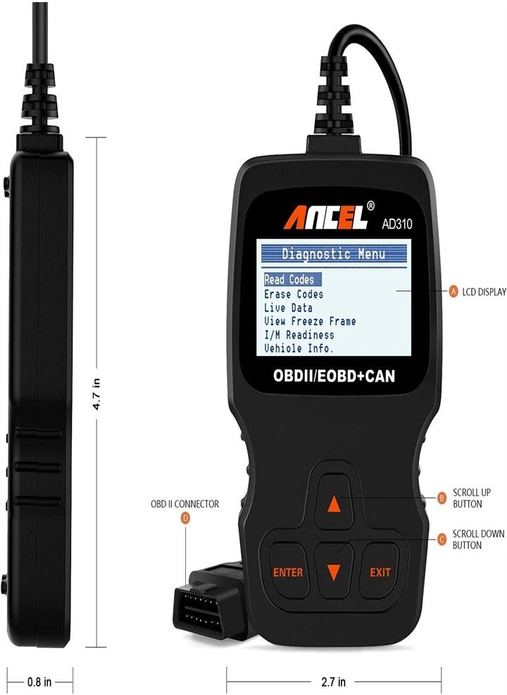 Generic - AD310 Classic Enhanced Universal OBD II Scanner Car Engine Fault Code Reader CAN Diagnostic Scan Tool (Black) - Image 1