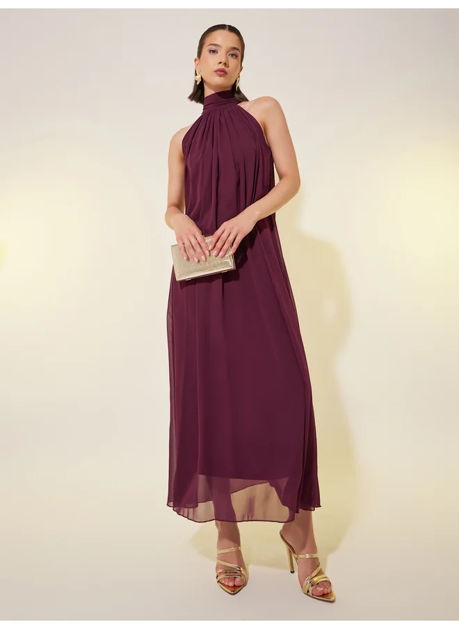 Take Two Take Two Solid Sleeveless Halter Neck A-Line Maxi Dress