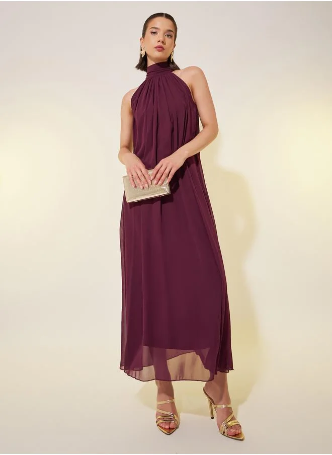 تايك تو Take Two Solid Sleeveless Halter Neck A-Line Maxi Dress