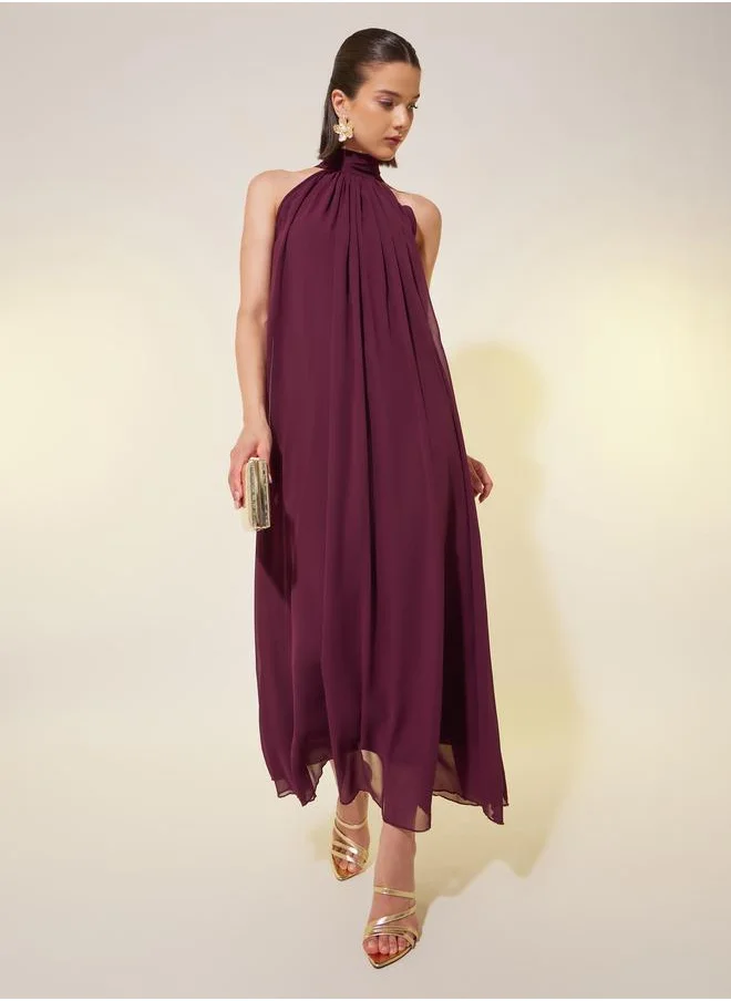 تايك تو Take Two Solid Sleeveless Halter Neck A-Line Maxi Dress