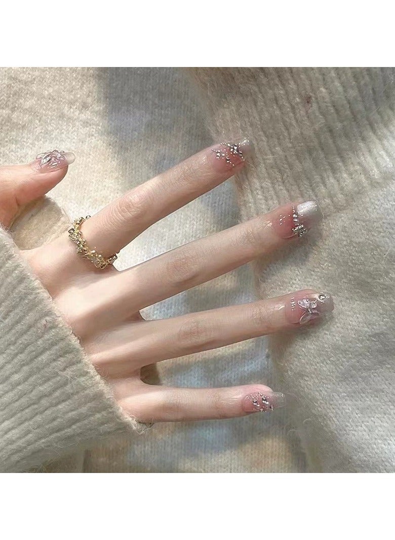 Goolsky Summer French Cat Eye Press On Nails Icy Transparent 3D Butterfly Rhinestone Handmade Blush Fake Nails  - Image 1