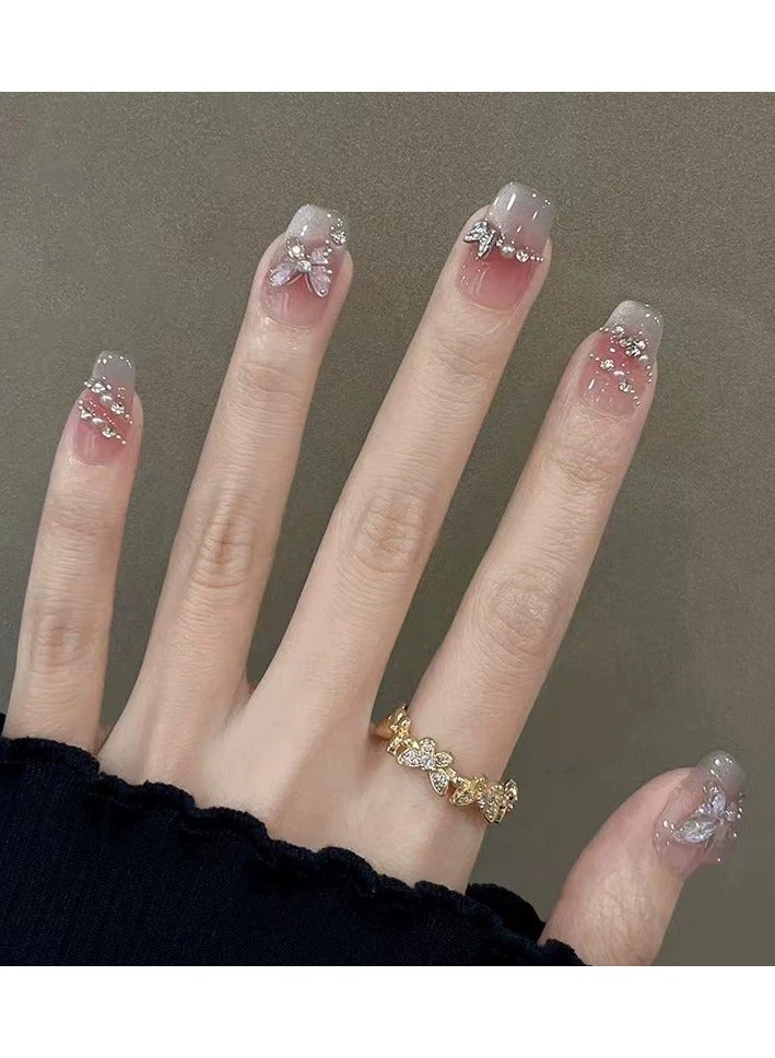 Goolsky Summer French Cat Eye Press On Nails Icy Transparent 3D Butterfly Rhinestone Handmade Blush Fake Nails  - Image 2