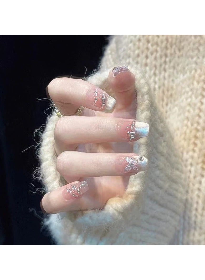 Goolsky Summer French Cat Eye Press On Nails Icy Transparent 3D Butterfly Rhinestone Handmade Blush Fake Nails  - Image 3
