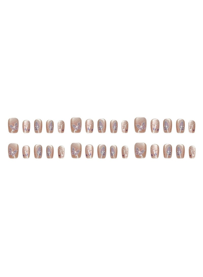 Goolsky Summer French Cat Eye Press On Nails Icy Transparent 3D Butterfly Rhinestone Handmade Blush Fake Nails  - Image 4