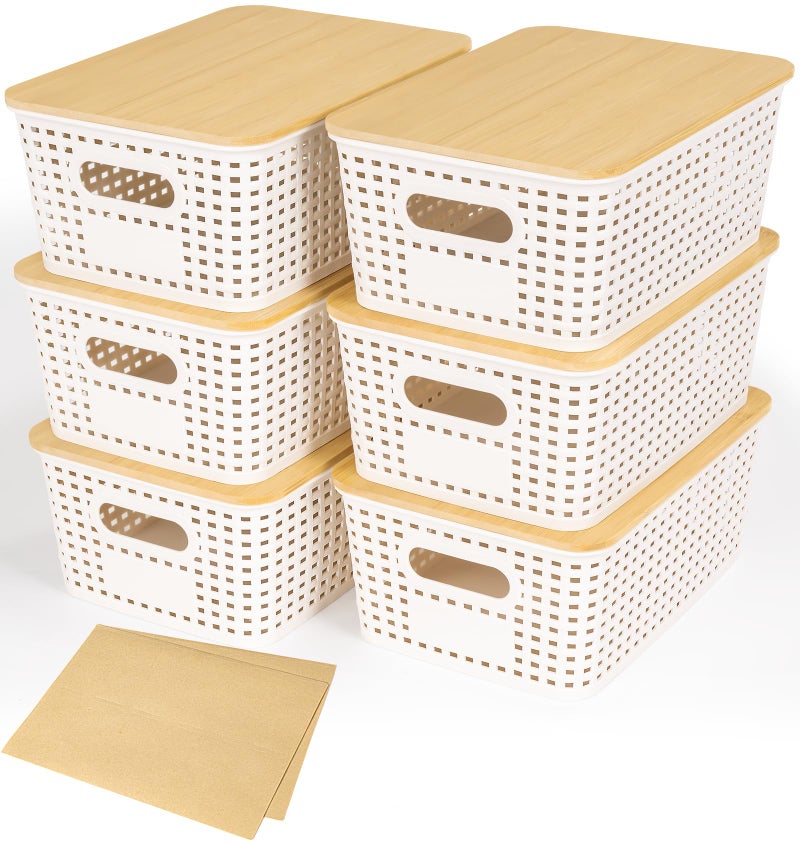 6 Pack Plastic Storage Baskets With Bamboo Lid Stackable Storage Baskets for Organizing Desktop Closet Shelves Drawers Pantry Organization Office Playroom Classroom