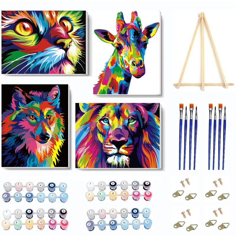 VIGEGU 4 Pack Paint by Numbers Kit for Adults Framed Canvas - with Wooden Easel,Adults' Paint-by-Number Kits Cat Giraffe Wolf Lion DIY Acrylic Animal Oil Painting Arts Crafts 7.8x11.8inch - Image 1