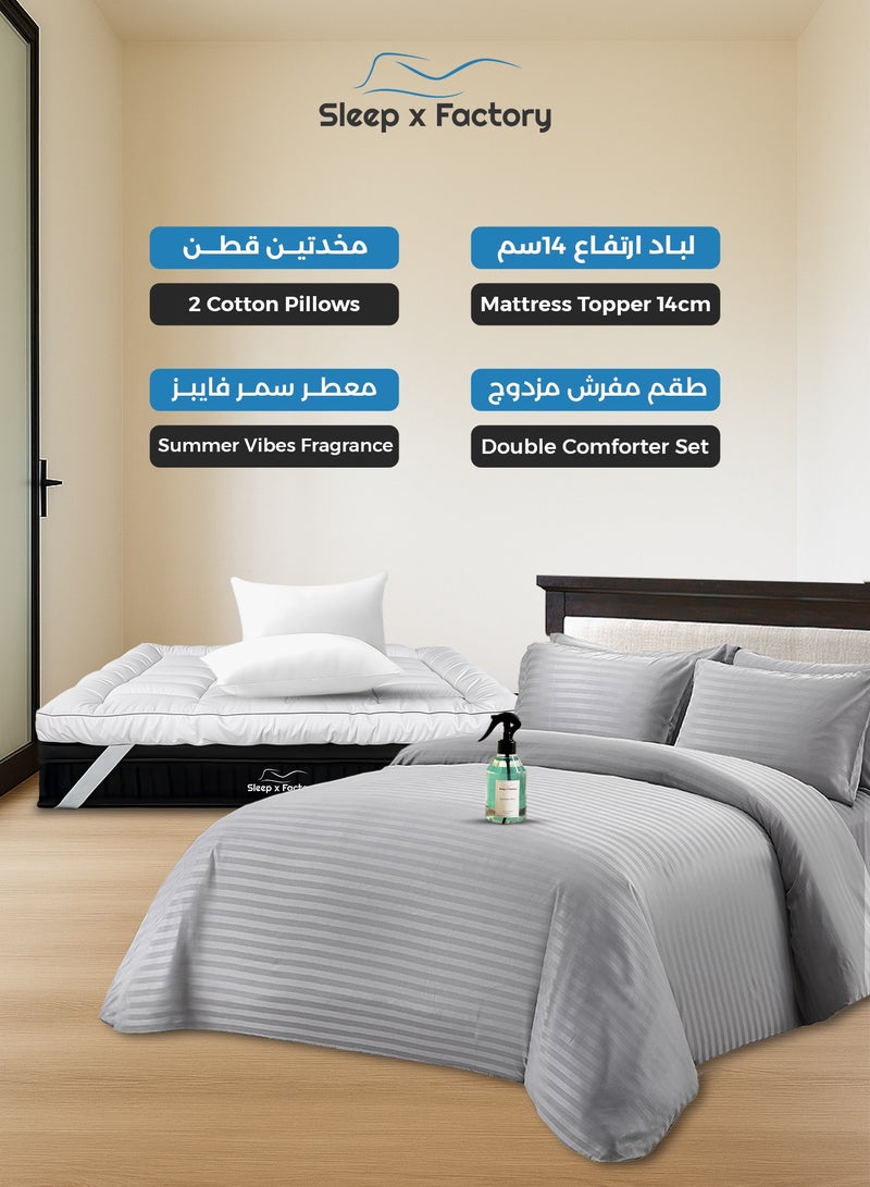 Sleep x Factory Ultimate Hotel Luxury Bedding Bundle – 14 cm Mattress Topper, Striped Comforter Set, 2 Cotton Pillows & Summer Vibes Room Fragrance - Image 1