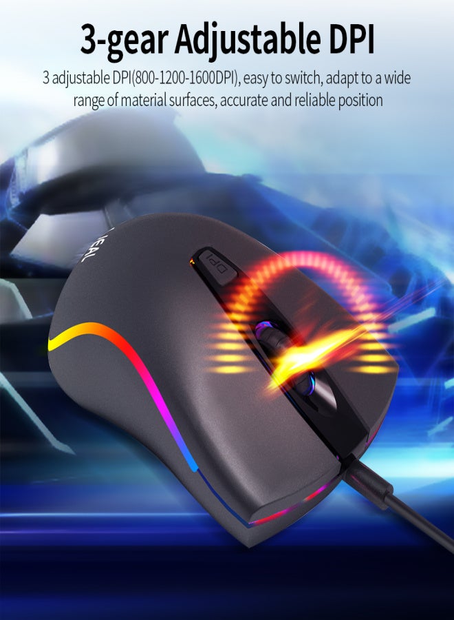 باجيل فأرة ألعاب سلكية BAJEAL D1 بتصميم متناظر ومريح، مزودة بإضاءة RGB، و3 مستويات DPI قابلة للتعديل، ومتوافقة مع نطاق واسع من الأجهزة، باللون الأسود. - Image 3
