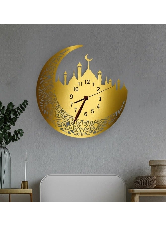 REBENUO Islamic Wall Clock Large 60x60 – Mosque Motif with Crescent and Traditional Islamic Patterns - Image 2