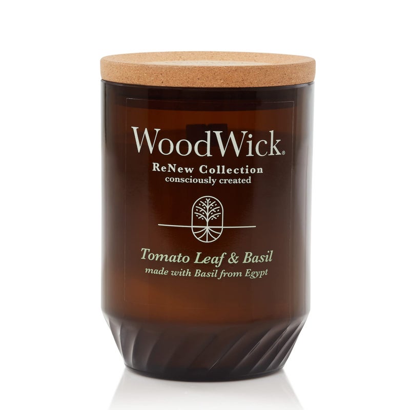 WoodWick Renew Large Candle Tomato Leaf Basil Scented Candles 13oz Plant Based Soy Wax Blend Made with Upcycled Materials and Essential Oils Up to 75 Hours of Burn Time