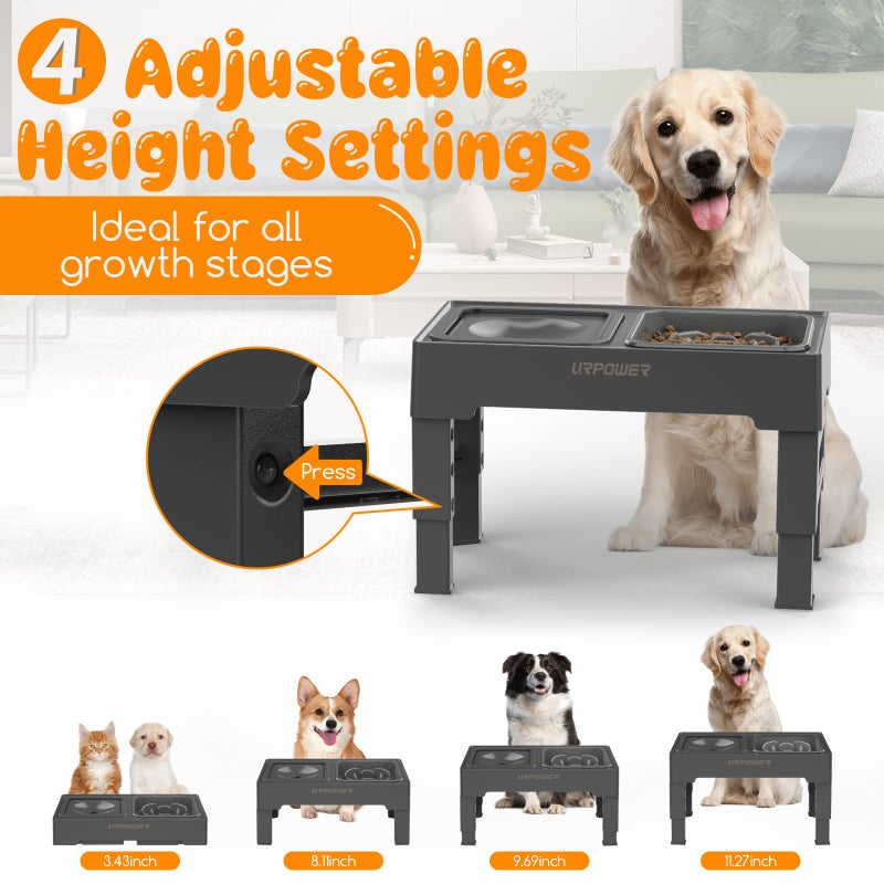 URPOWER 2-in-1 Elevated Slow Feeder Dog Bowls with No-Spill Water Bowl, 4 Height-Adjustable Raised Dog Bowls, Non-Slip Food and Water Bowls with Stand for Small, Medium, Large Dogs, Cats and Pets - Image 2