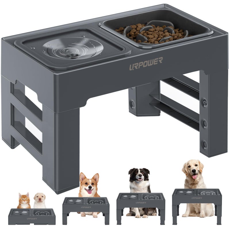 URPOWER 2-in-1 Elevated Slow Feeder Dog Bowls with No-Spill Water Bowl, 4 Height-Adjustable Raised Dog Bowls, Non-Slip Food and Water Bowls with Stand for Small, Medium, Large Dogs, Cats and Pets - Image 1
