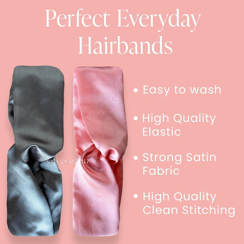 SILVR BEAR Satin Hairband | Pack of 2 | Aesthetic Turban Hairband Korean Style Twisted Cross Knot Head Band| Fabric Elastic hair band for women - Gray + Pink For Women & Teens - Image 2