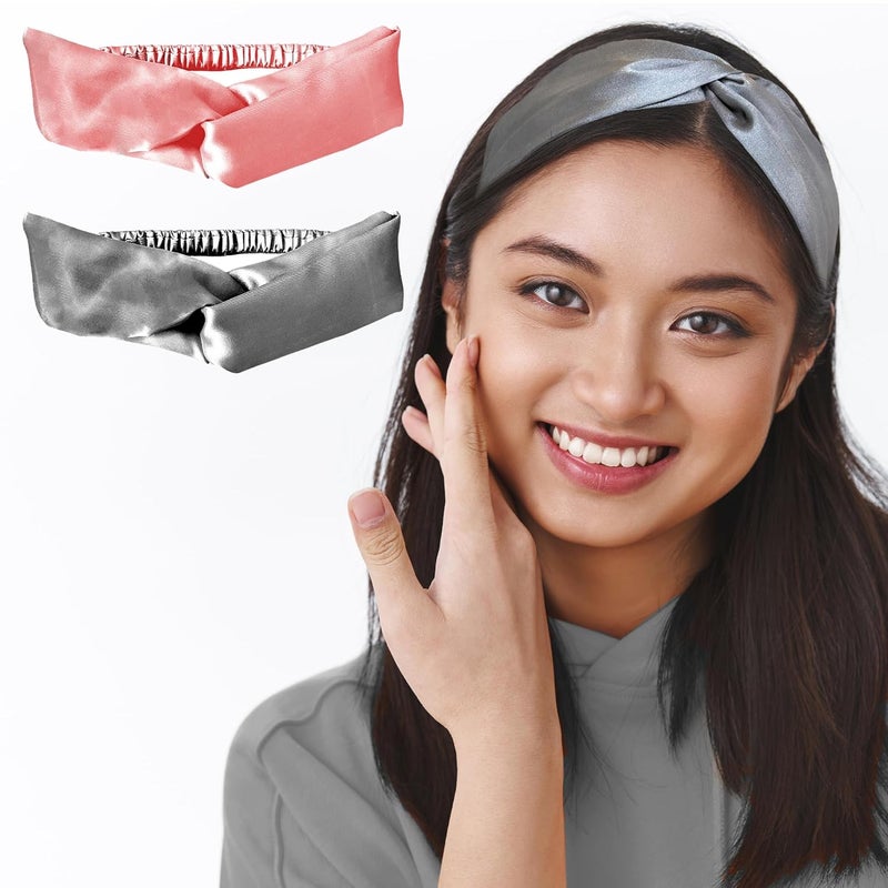 SILVR BEAR Satin Hairband | Pack of 2 | Aesthetic Turban Hairband Korean Style Twisted Cross Knot Head Band| Fabric Elastic hair band for women - Gray + Pink For Women & Teens - Image 1