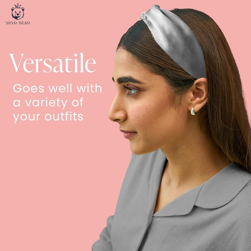 SILVR BEAR Satin Hairband | Pack of 2 | Aesthetic Turban Hairband Korean Style Twisted Cross Knot Head Band| Fabric Elastic hair band for women - Gray + Pink For Women & Teens - Image 4