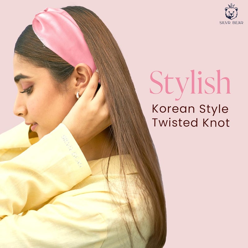 SILVR BEAR Satin Hairband | Pack of 2 | Aesthetic Turban Hairband Korean Style Twisted Cross Knot Head Band| Fabric Elastic hair band for women - Gray + Pink For Women & Teens - Image 5