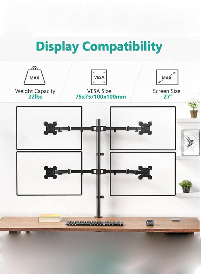 Arabest Quad Monitor Stand, 4 Monitor Stand Fits Heavy Duty Computer Screen up to 27 inch, Full Adjustable Desk Mount Holds up to 22 lbs per Arm , Black  - Image 2