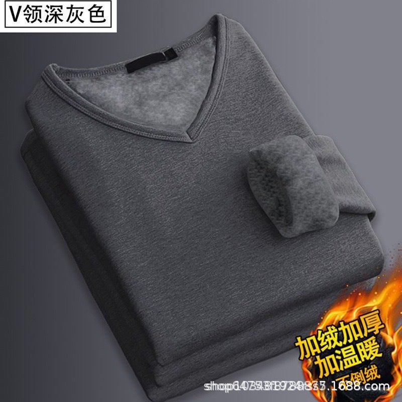 Mens Fleece-lined Long Sleeve T-shirt Spring Autumn Warm Base Layer Top Solid Color V-neck Business Casual Trade V-neck-dark gray [focus on priority delivery]]
