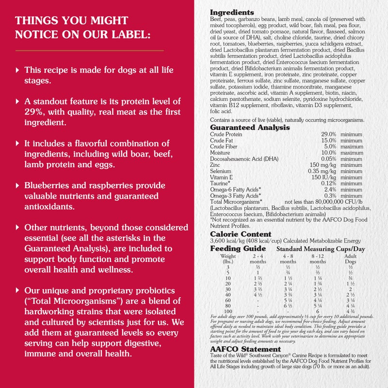 Taste of the Wild طعم البرية وصفة كانيون الجنوب الغربي خالية من الحبوب مع لحم الخنزير البري طعام جاف للكلاب، مصنوع من بروتين من لحم حقيقي، وضمان العناصر الغذائية مثل البروبيوتيك لجميع مراحل الحياة 5lb - Image 2