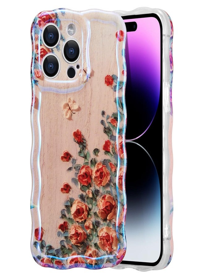 EYZUTAK جراب EYZUTAK لهاتف iPhone 13 Pro، بنمط زهور مطبوع عليه رسومات زيتية ملونة بنمط عتيق، بنقشة ليزر لامعة وحواف مموجة لطيفة، غطاء هاتف أنيق ومتين من مادة TPU، مناسب للفتيات والسيدات - بيج - Image 1