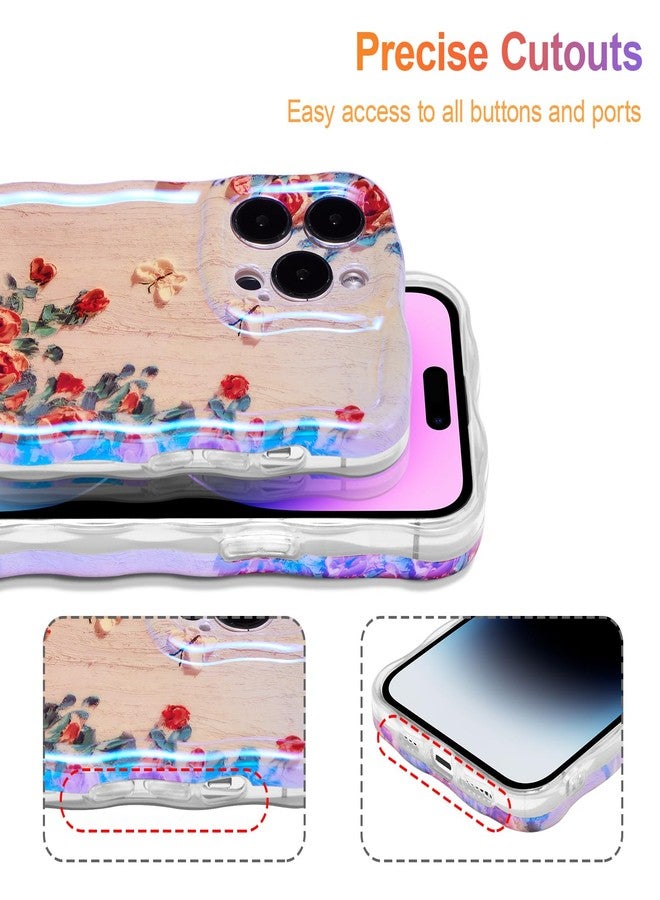 EYZUTAK جراب EYZUTAK لهاتف iPhone 13 Pro، بنمط زهور مطبوع عليه رسومات زيتية ملونة بنمط عتيق، بنقشة ليزر لامعة وحواف مموجة لطيفة، غطاء هاتف أنيق ومتين من مادة TPU، مناسب للفتيات والسيدات - بيج - Image 5