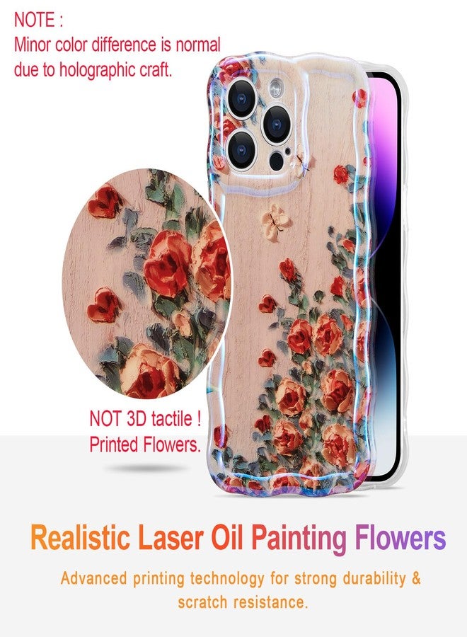 EYZUTAK جراب EYZUTAK لهاتف iPhone 13 Pro، بنمط زهور مطبوع عليه رسومات زيتية ملونة بنمط عتيق، بنقشة ليزر لامعة وحواف مموجة لطيفة، غطاء هاتف أنيق ومتين من مادة TPU، مناسب للفتيات والسيدات - بيج - Image 2
