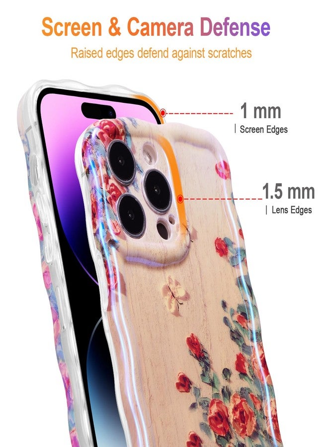 EYZUTAK جراب EYZUTAK لهاتف iPhone 13 Pro، بنمط زهور مطبوع عليه رسومات زيتية ملونة بنمط عتيق، بنقشة ليزر لامعة وحواف مموجة لطيفة، غطاء هاتف أنيق ومتين من مادة TPU، مناسب للفتيات والسيدات - بيج - Image 4
